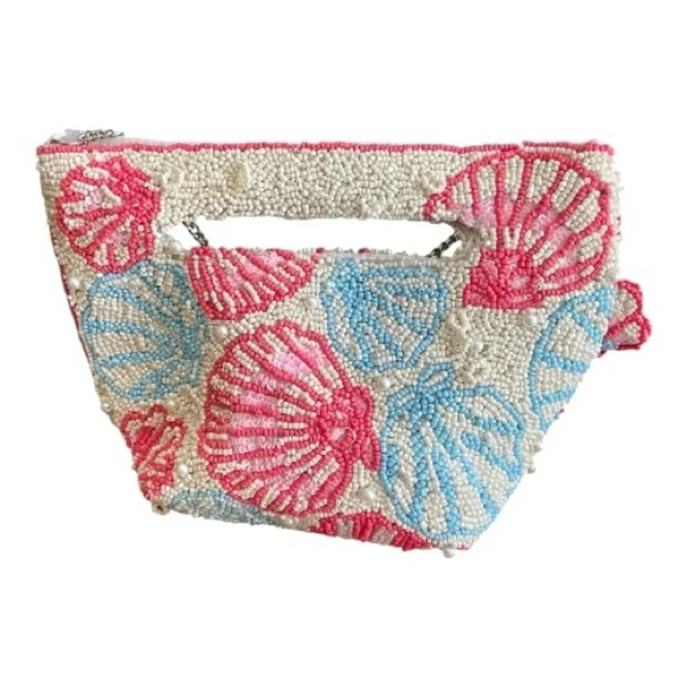 Seashell Hand Beaded in India Clutch, Multicolor, Detachable Charm & Chain.